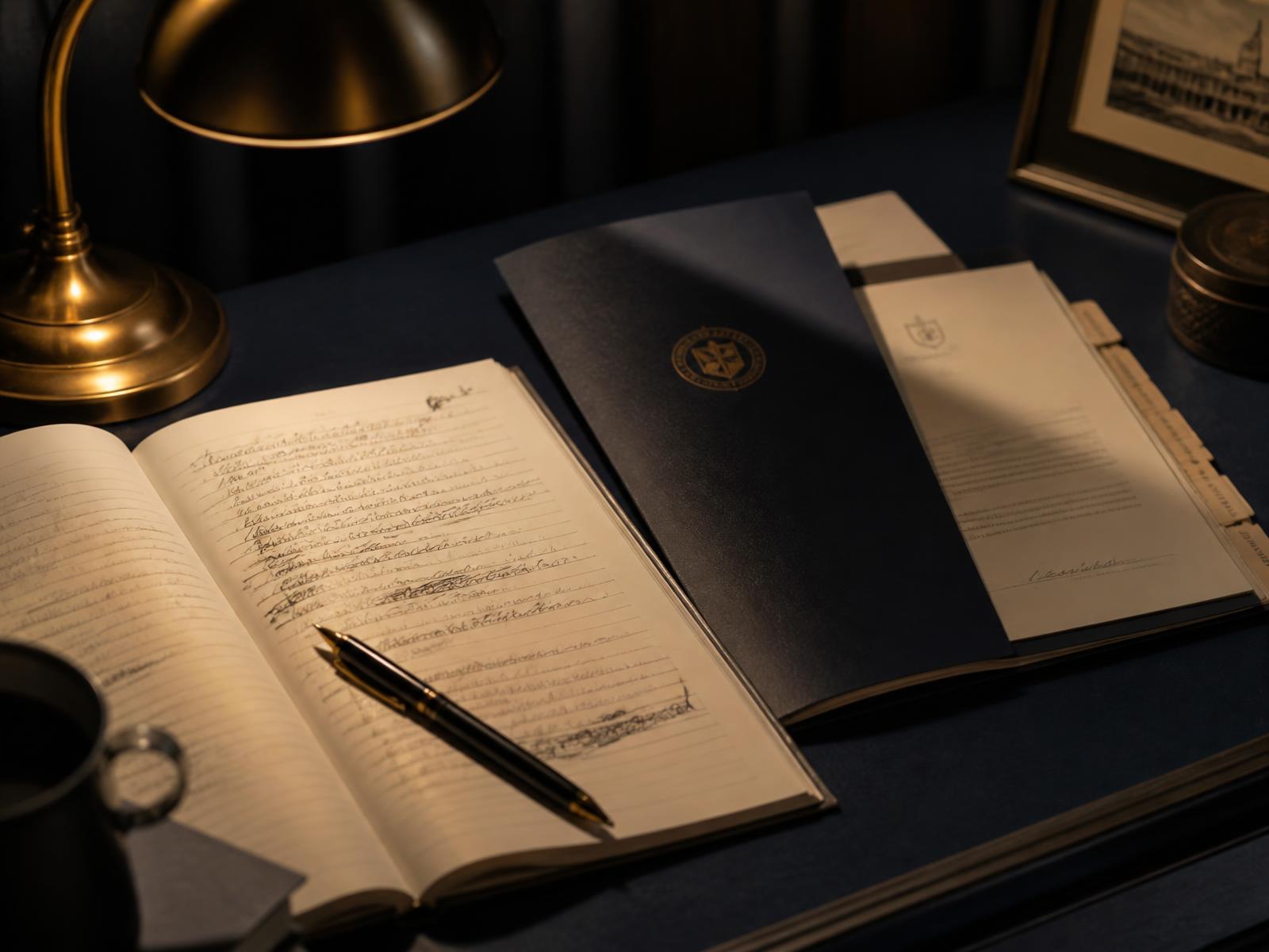 An open notebook of handwritten essay drafts beside a university application folder under warm lamplight